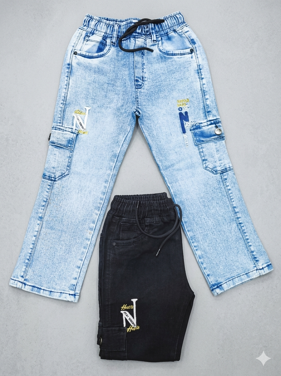 girls denim cargo pants | elastic waist | side pockets girls denim cargo pants | elastic waist | side pockets